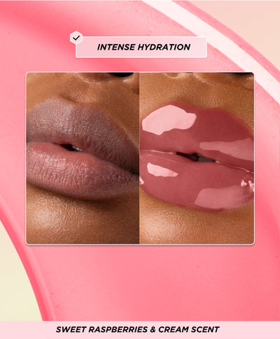 Before and after lip oil application.