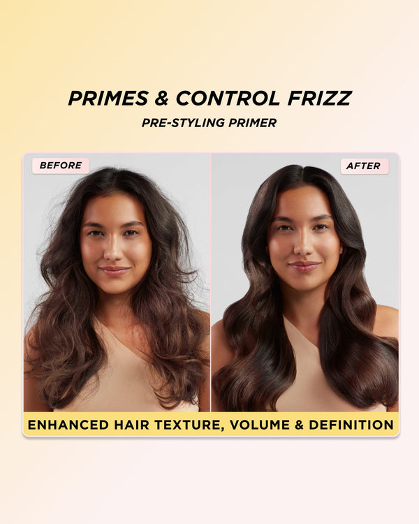 An infographic showing images of wavy hair before and after using Propolis Infused Polishing Primer