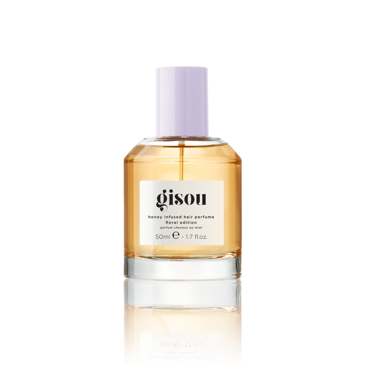 Gisou Honey Infused Hair Perfume Lavender Berry bottle on a white background.