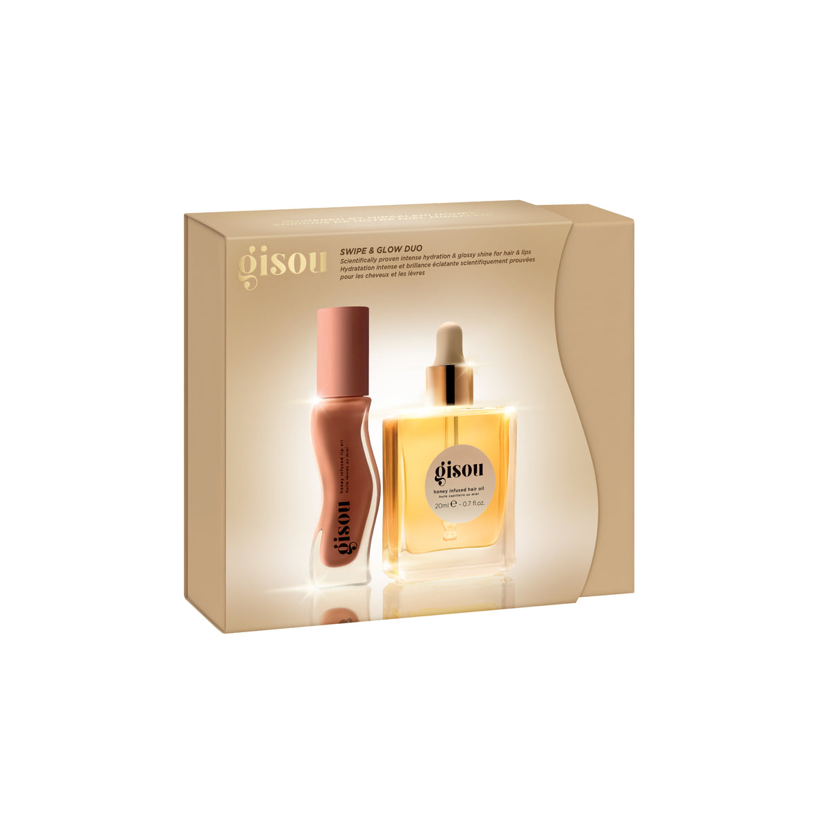 Gisou Swipe & Glow Duo holiday gift box, showing the lip oil and hair oil inside.