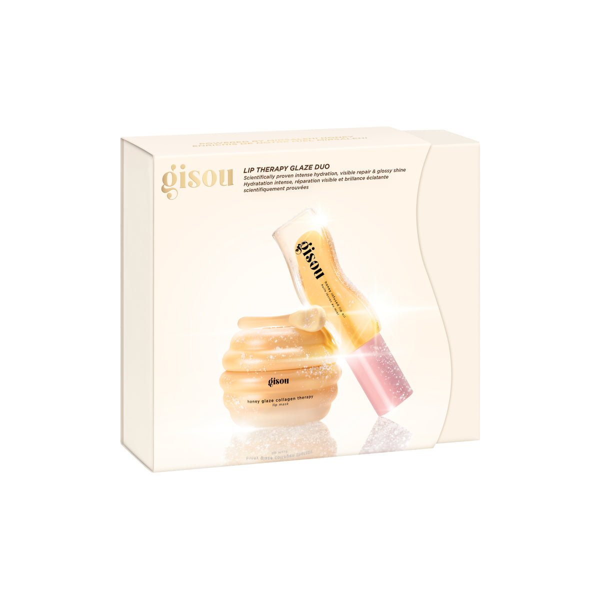 Gisou Lip Therapy Glaze Duo holiday gift box, showing the Honey Glaze Collagen Therapy Lip Mask and Honey Infused Lip Oil in Honey Gold inside.