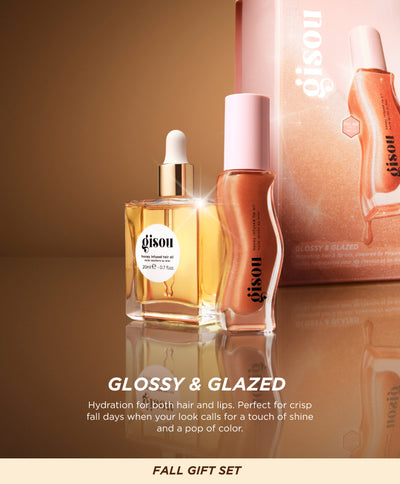 Gisou Glossy & Glazed Duo fall gift set featuring Honey Infused Lip Oil in Glazed Plum and Honey Infused Hair Oil 20ml, highlighting hydration for hair and lips with glossy shine.