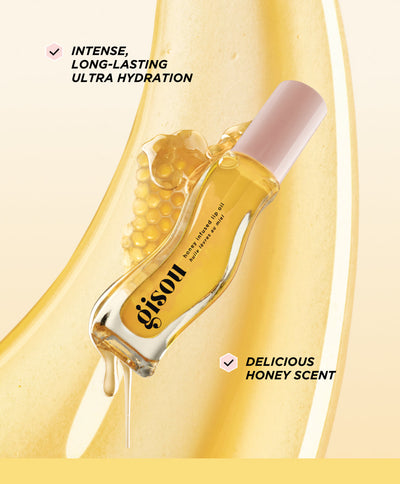 Lip oil bottle surrounded by a honeycomb.
