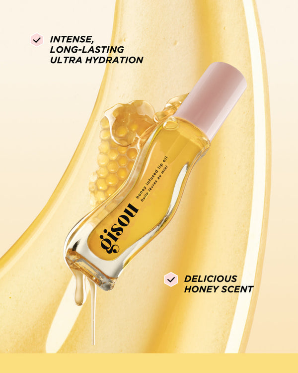 Lip oil bottle surrounded by a honeycomb.
