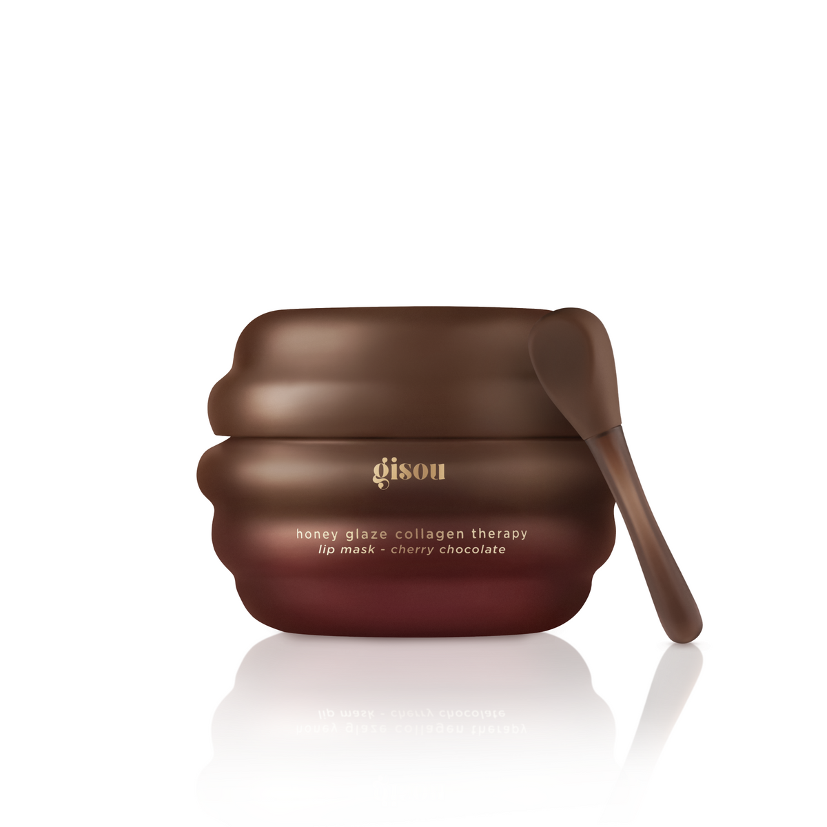 Gisou Honey Glaze Collagen Therapy Lip Mask in Cherry Choco, a dark brown jar with applicator, on a white background.