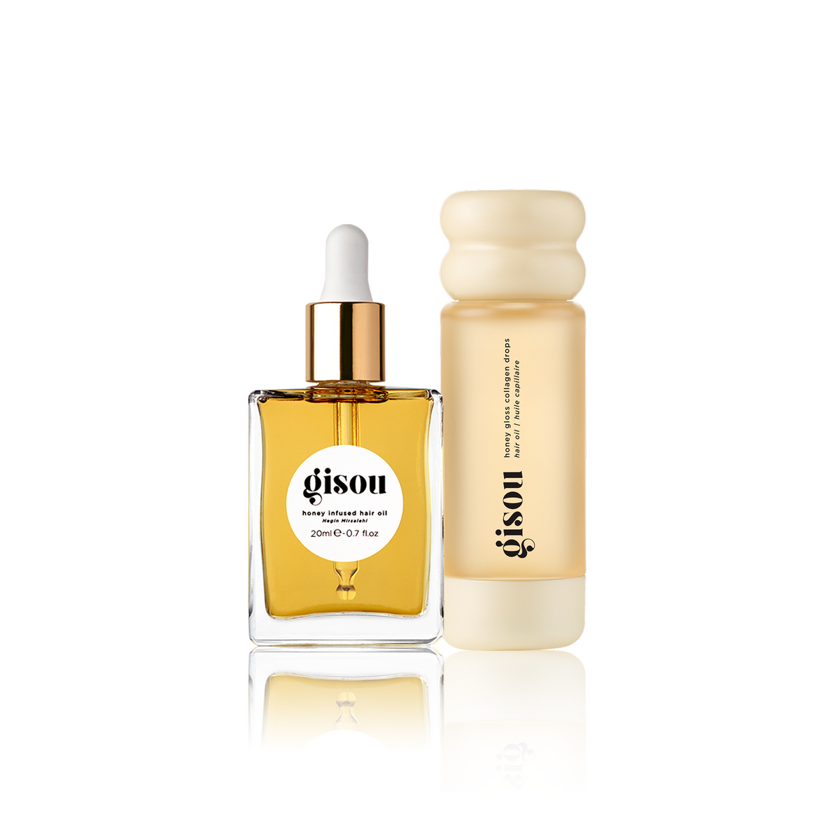 Gisou Honey Hair Oil Duo: Honey Infused Hair Oil and a second Gisou hair product on a white background.