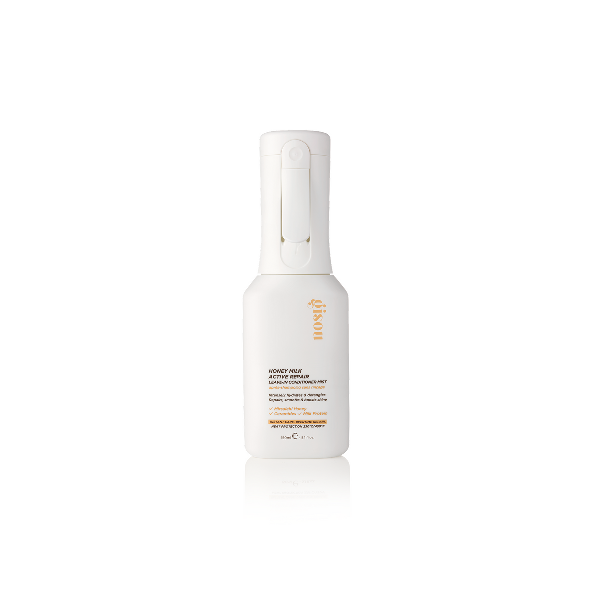 Gisou milk leave-in conditioner mist 150ml on white background.