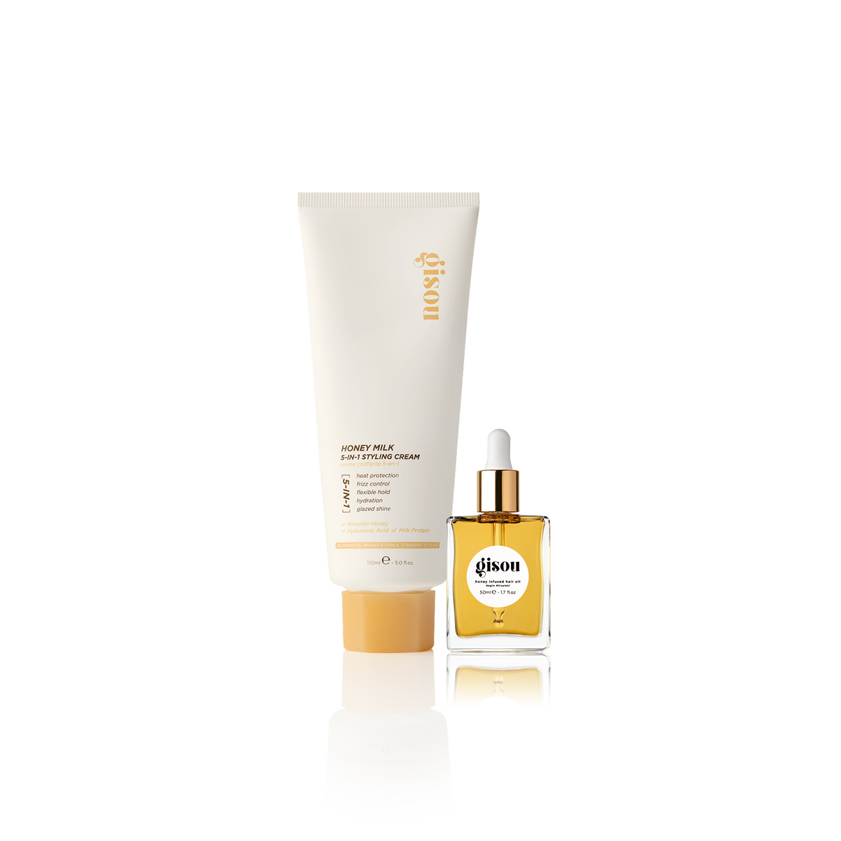 Gisou Style & Shine Duo (full size): Honey Milk 5-in-1 Styling Cream and Honey Infused Hair Oil on a white background.