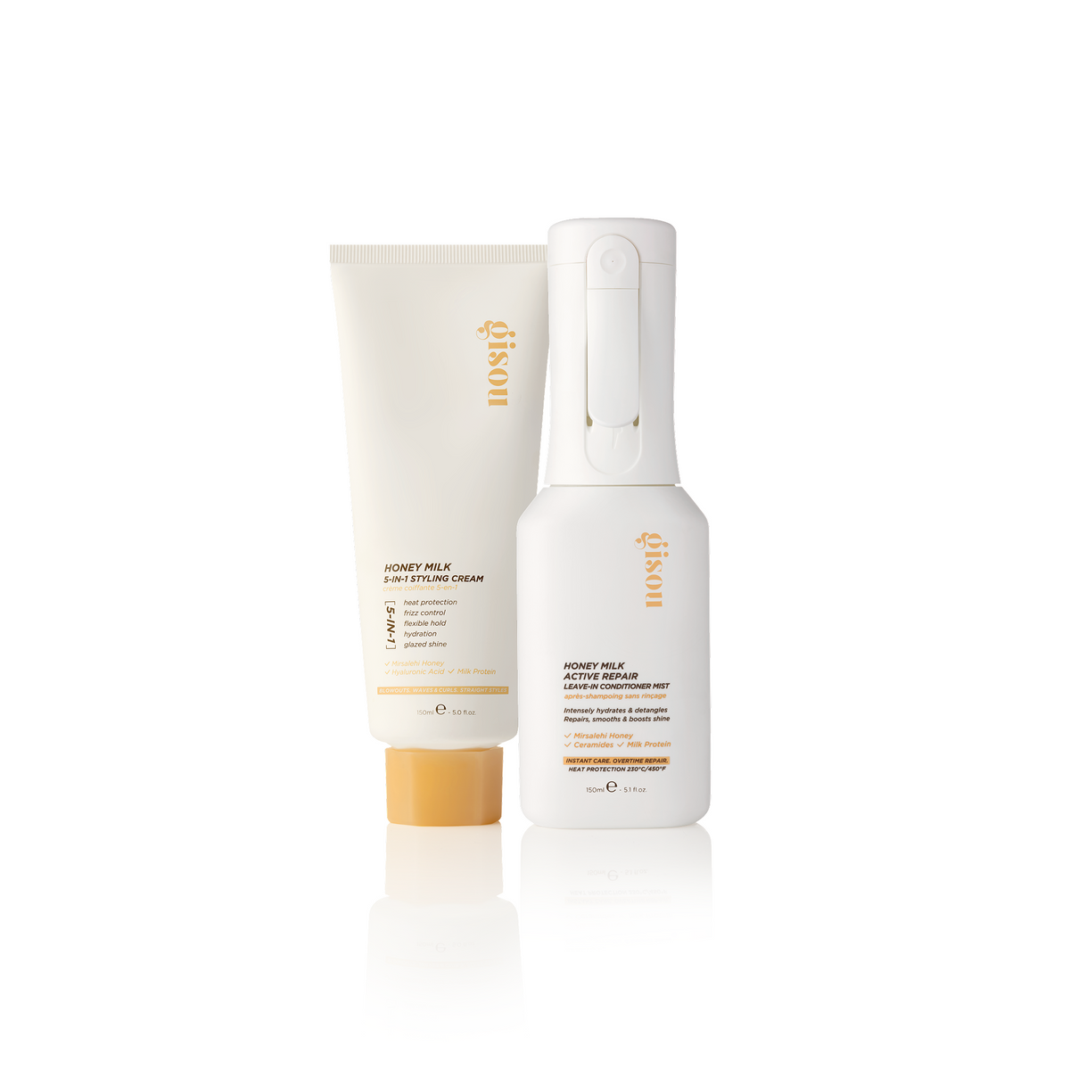 Gisou Treat & Shape Duo: Honey Milk Leave-In Conditioner and Honey Milk 5-in-1 Styling Cream on a white background.