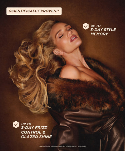 Rosie Huntington-Whiteley with voluminous, glossy hair showcasing Honey Milk 5-in-1 Styling Cream results with up to 3-day style memory, frizz control and glazed shine.