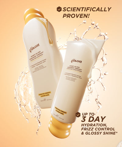 Gisou Honey Gloss Ceramide Therapy shampoo and conditioner with clinically proven results and up to 3-day hydration, frizz control, and glossy shine.