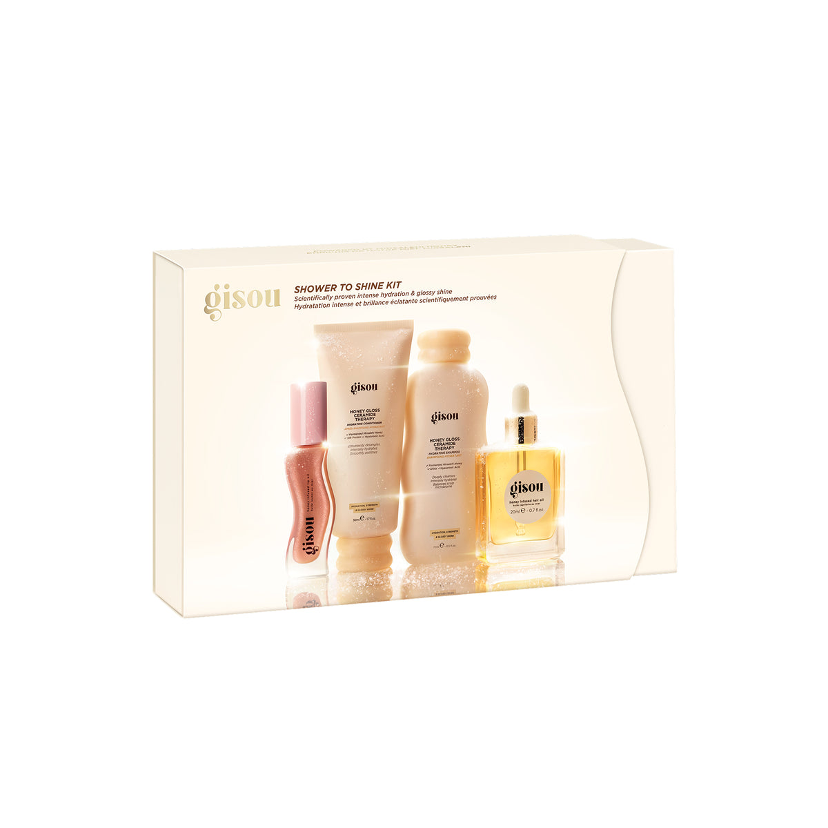 Gisou Shower to Shine Kit holiday gift box, showing the mini shampoo, conditioner, hair oil, and lip oil inside.