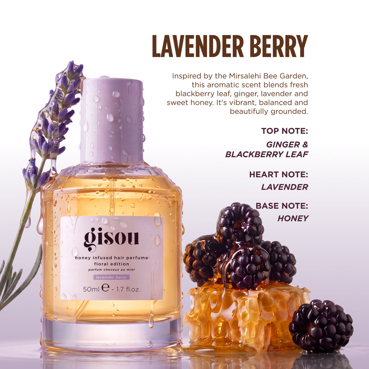 Lavender Berry bottle with lavender sprigs, blackberries, and honeycomb, notes: ginger & blackberry leaf, lavender, honey.