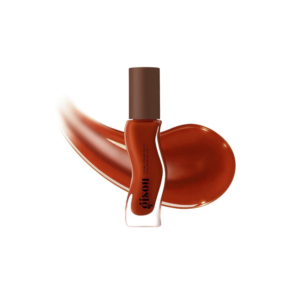 Gisou Honey Infused Lip Oil in Cherry Chocolate with a shade swatch on white.