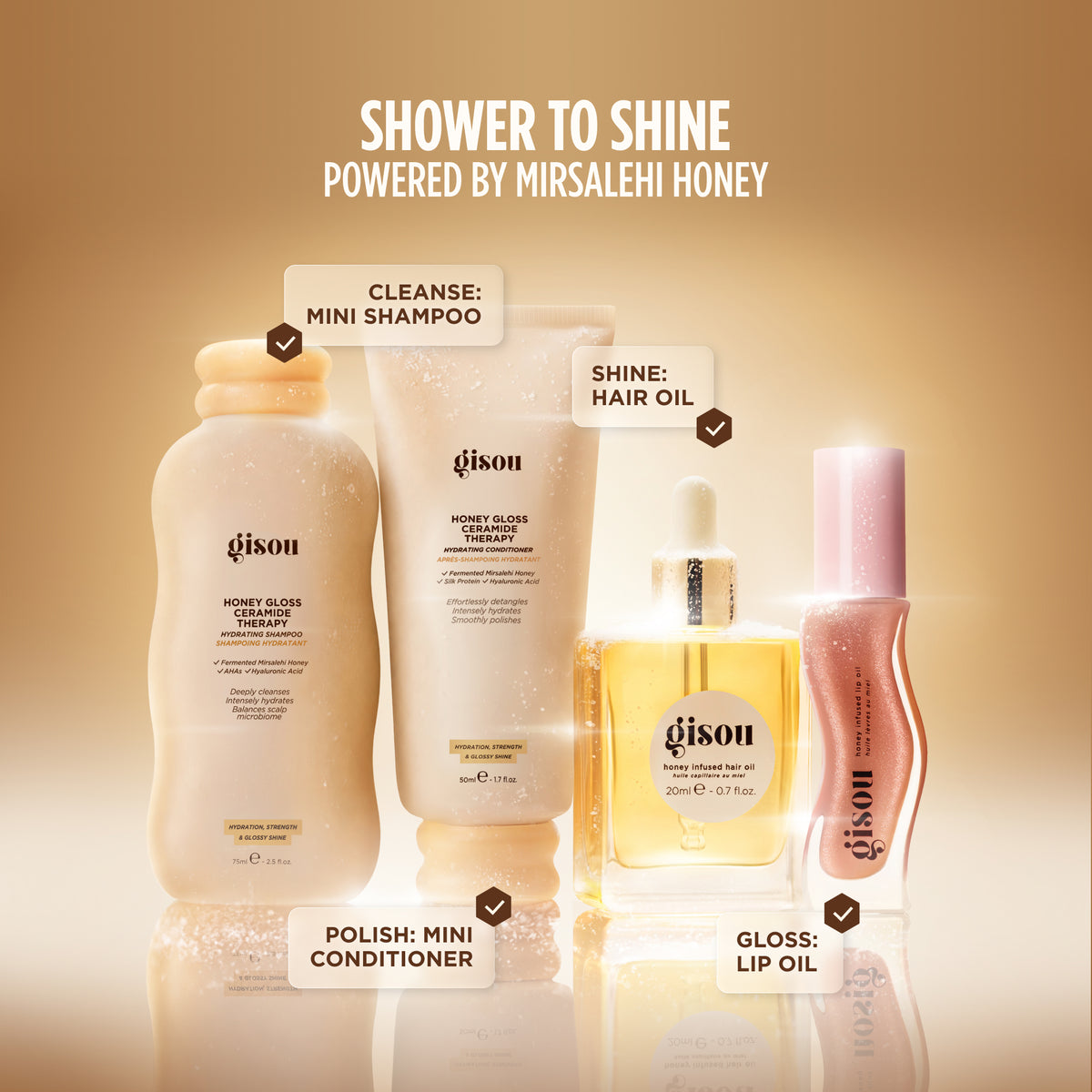 Gisou Shower to Shine Kit: mini shampoo labeled 