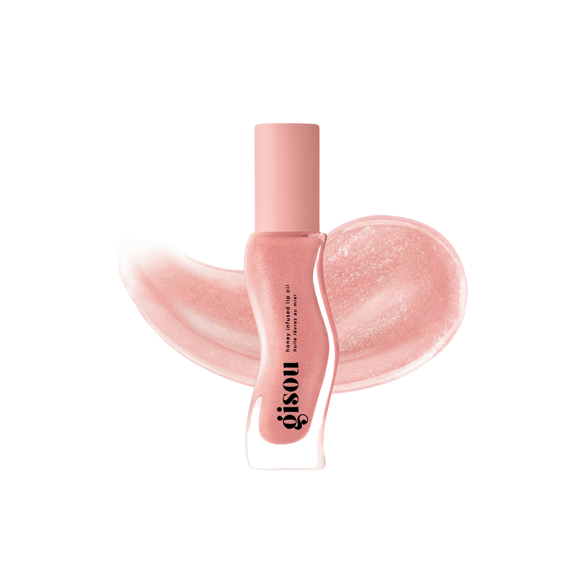 Gisou Honey Infused Lip Oil in Pink Praline with a shade swatch on white.