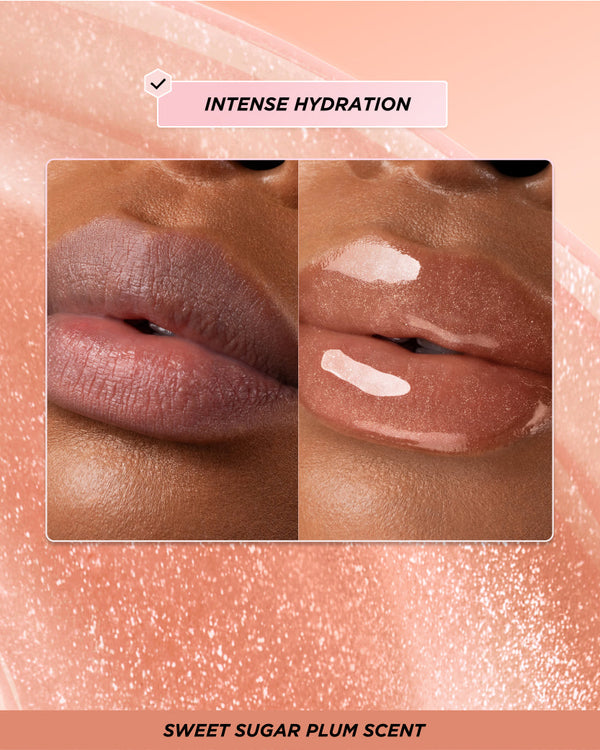 Before and after lip oil application.