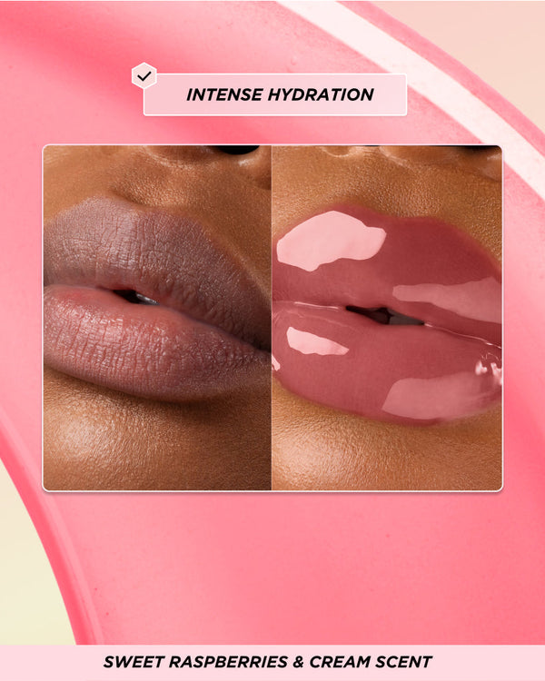 Before and after lip oil application.