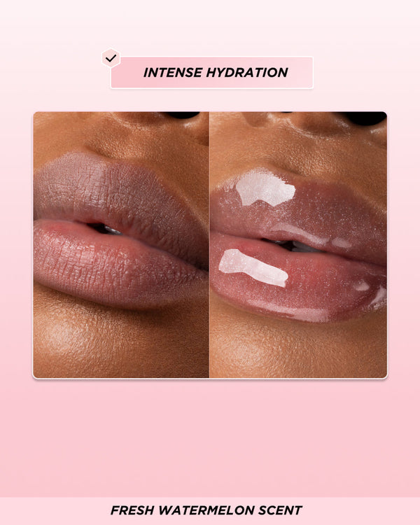 Before and after lip oil application.