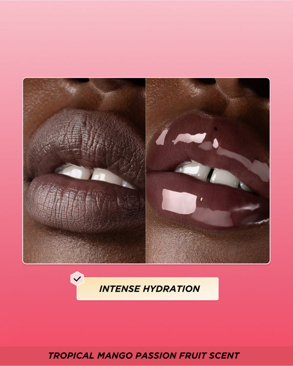 Before and after lip oil application.
