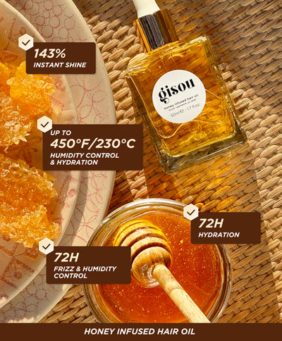 Gisou Honey Infused Hair Oil with honey texture highlighting shine, hydration and frizz control.