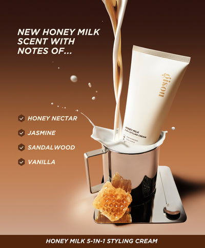 Honey Milk 5-in-1 Styling Cream with Honey Milk scent featuring notes of honey nectar, jasmine, sandalwood and vanilla.