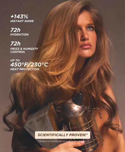 Model with long, voluminous hair, with on-image text listing benefits “+143% instant shine,” “72h hydration,” “72h frizz & humidity control,” “up to 450°F heat protection,” and stating these results are “scientifically proven.”