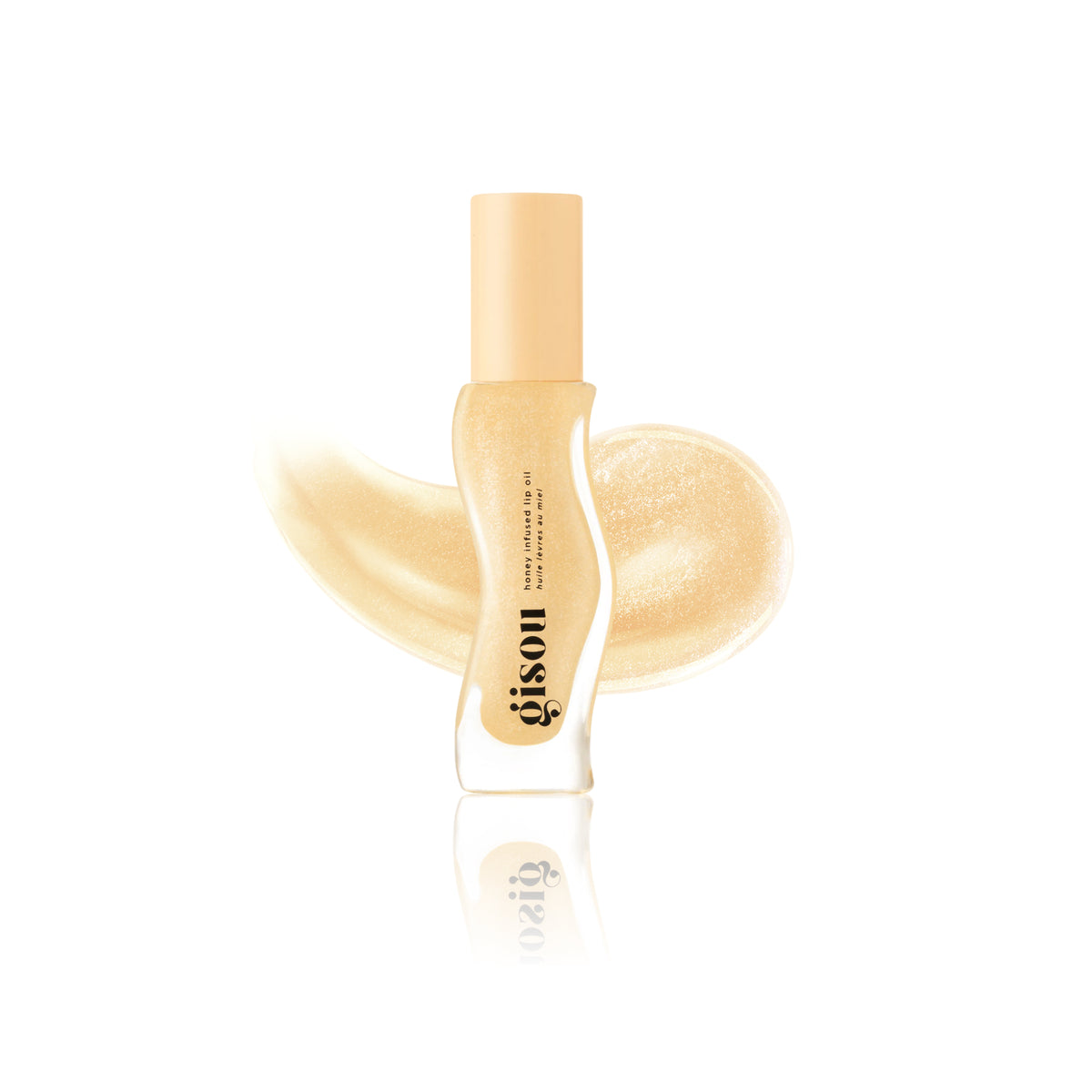 Pineapple Pout lip oil bottle with glossy product swatches behind it, highlighting a yellow tint with soft golden shimmer and a smooth, reflective finish.