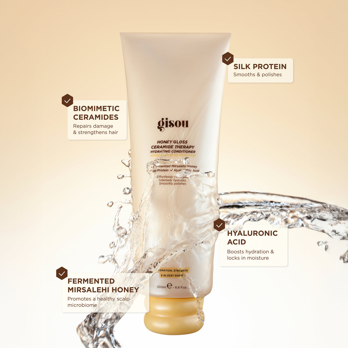 Gisou Honey Gloss Ceramide Therapy Hydrating Conditioner with silk protein, ceramides, hyaluronic acid, and fermented Mirsalehi honey benefits.