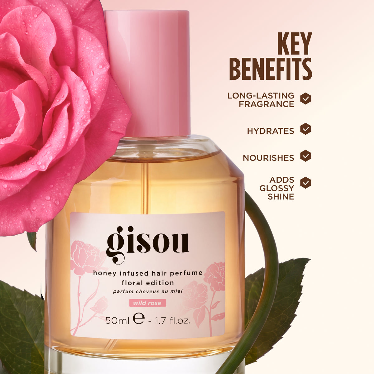 Wild Rose bottle with a single rose in bloom with key benefits: long-lasting fragrance, hydrates, nourishes, adds glossy shine.