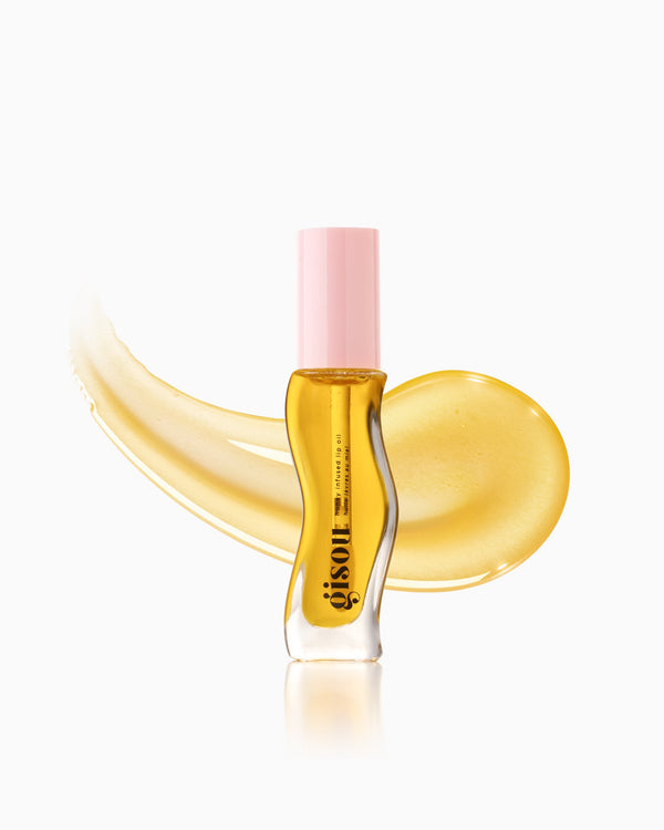 Lip oil bottle with a lip oil swatch. 