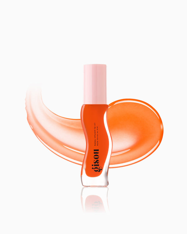 Orange lip oil including swatch.