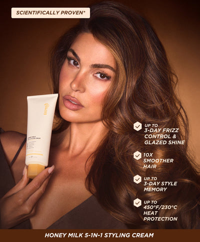 Negin Mirsalehi holding Honey Milk 5-in-1 Styling Cream with smooth, glossy hair showing up to 3-day frizz control, style memory, 450°F/230°C heat protection and 10x smoother results.