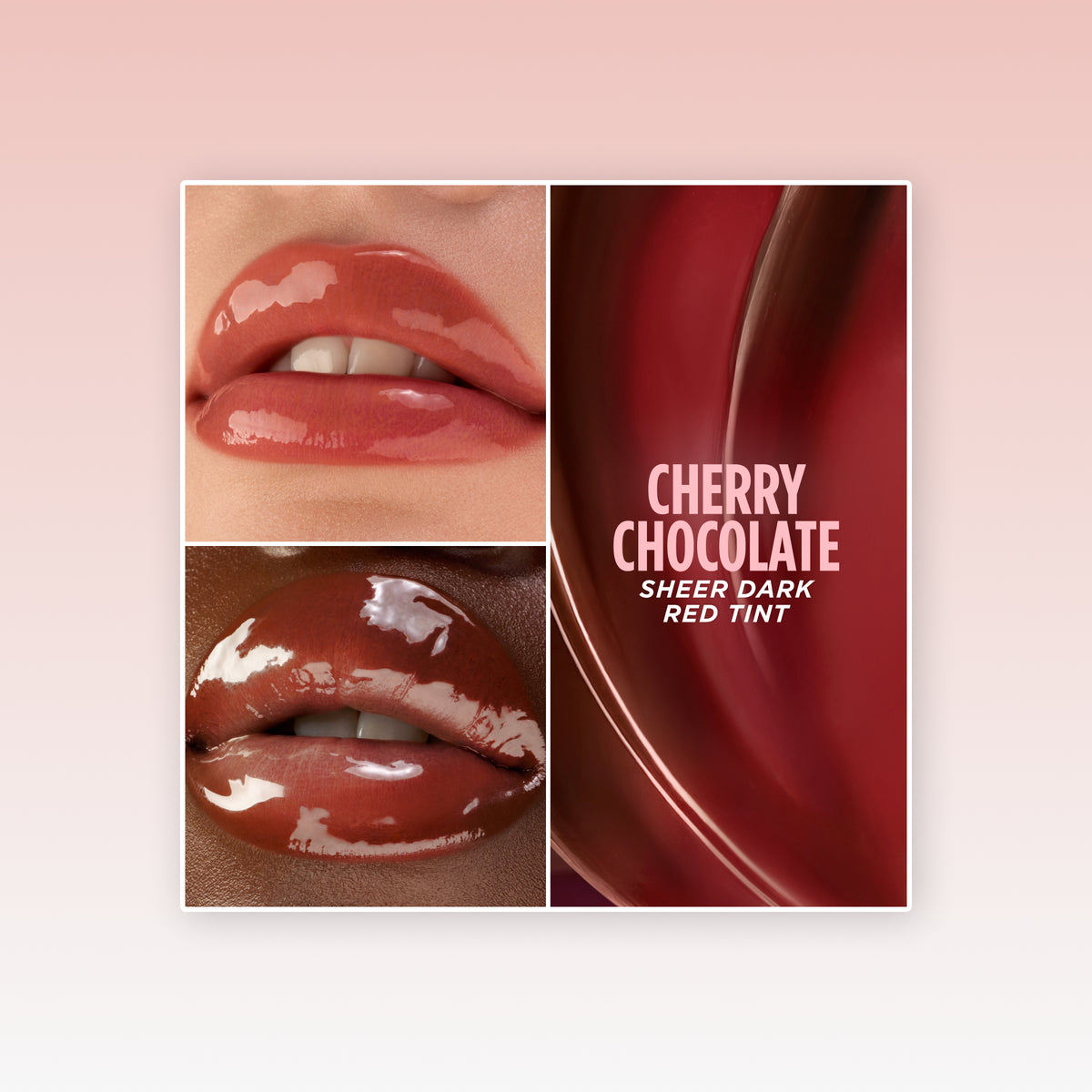 Two-photo collage of glossy lips in the Gisou Honey Infused Lip Oil shade Cherry Choco, described as 