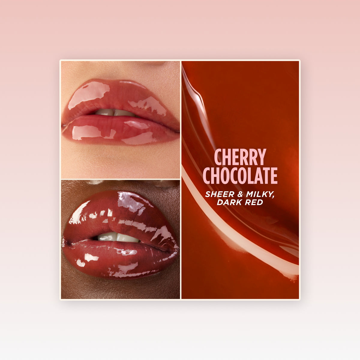 Two-photo collage: glossy lips with the  Cherry Chocolate lip oil on dark and light skin tones.