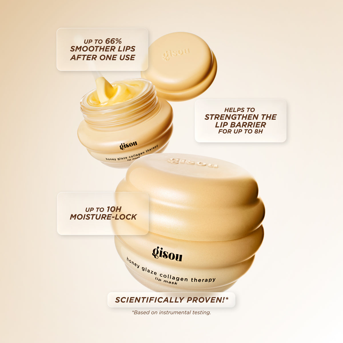 Gisou Honey Glaze Collagen Therapy Lip Mask jar, listing results: up to 66% smoother lips after one use, strengthens the lip barrier for up to 8 hours, and up to 10 hours of moisture-lock.