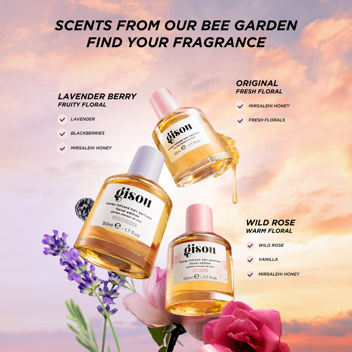 Gisou Hair Perfume collection including Wild Rose, Original, and Lavender Berry variants with floral ingredients.