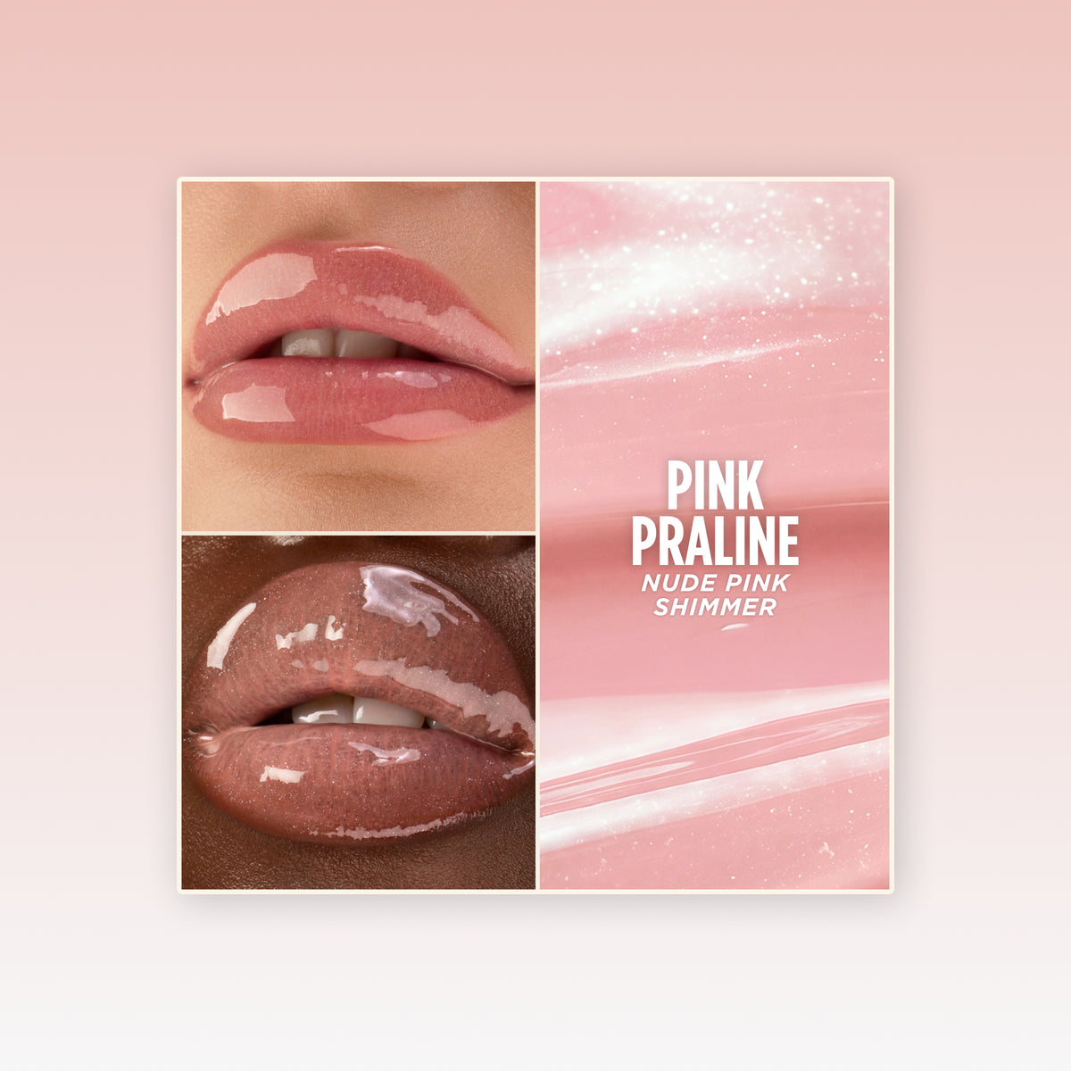 Two-photo collage of glossy lips in the Gisou Honey Infused Lip Oil shade Pink Praline, described as 'nude pink shimmer.'