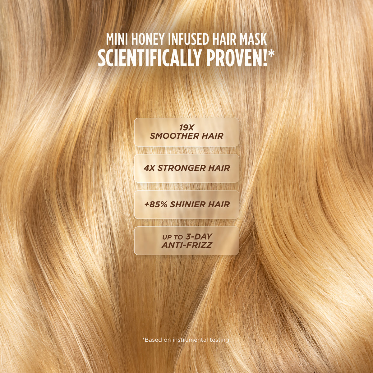 Close-up of glossy blonde hair, listing hair mask results: 19x smoother, 4x stronger, 85% shinier hair, and up to 3-day anti-frizz.