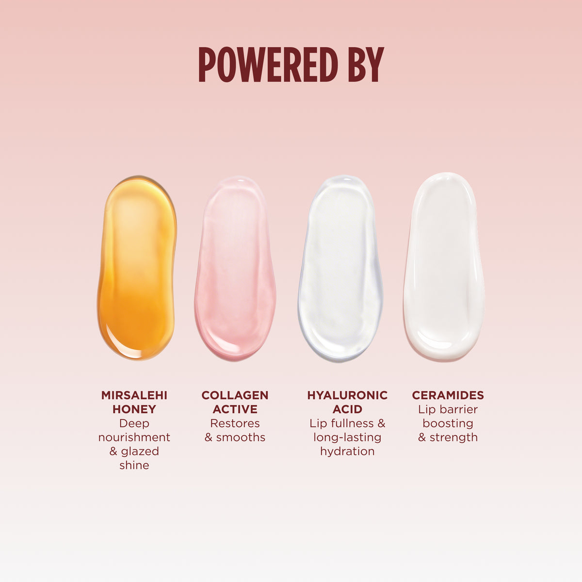 Four ingredient drops — Mirsalehi honey, hyaluronic acid, collagen active and ceramides — listing what powers the Cherry Chocolate Lip Mask.