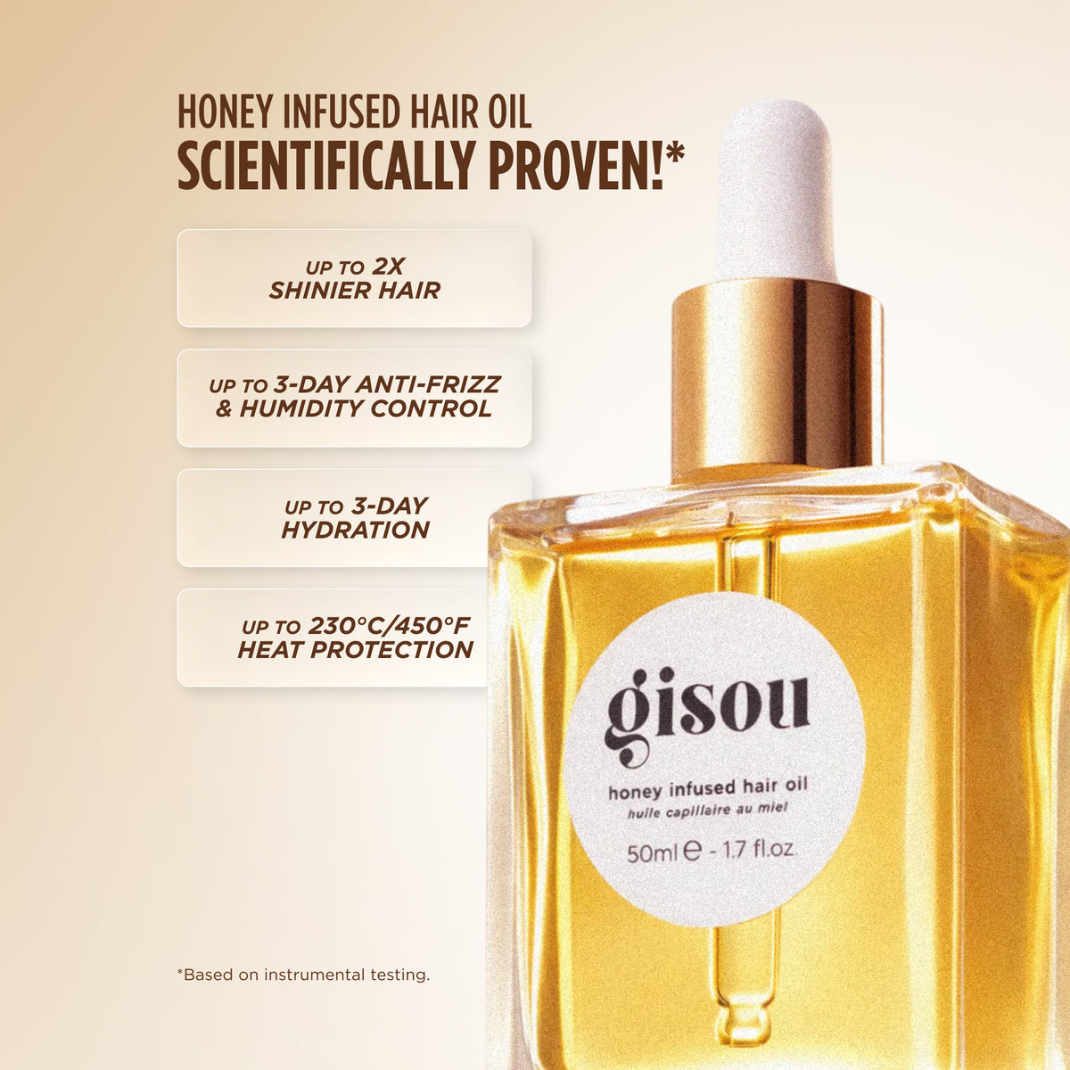 Gisou Honey Infused Hair Oil bottle, listing results: up to 2x shinier hair, 3-day anti-frizz and humidity control, 3-day hydration, and heat protection up to 230°C/450°F.
