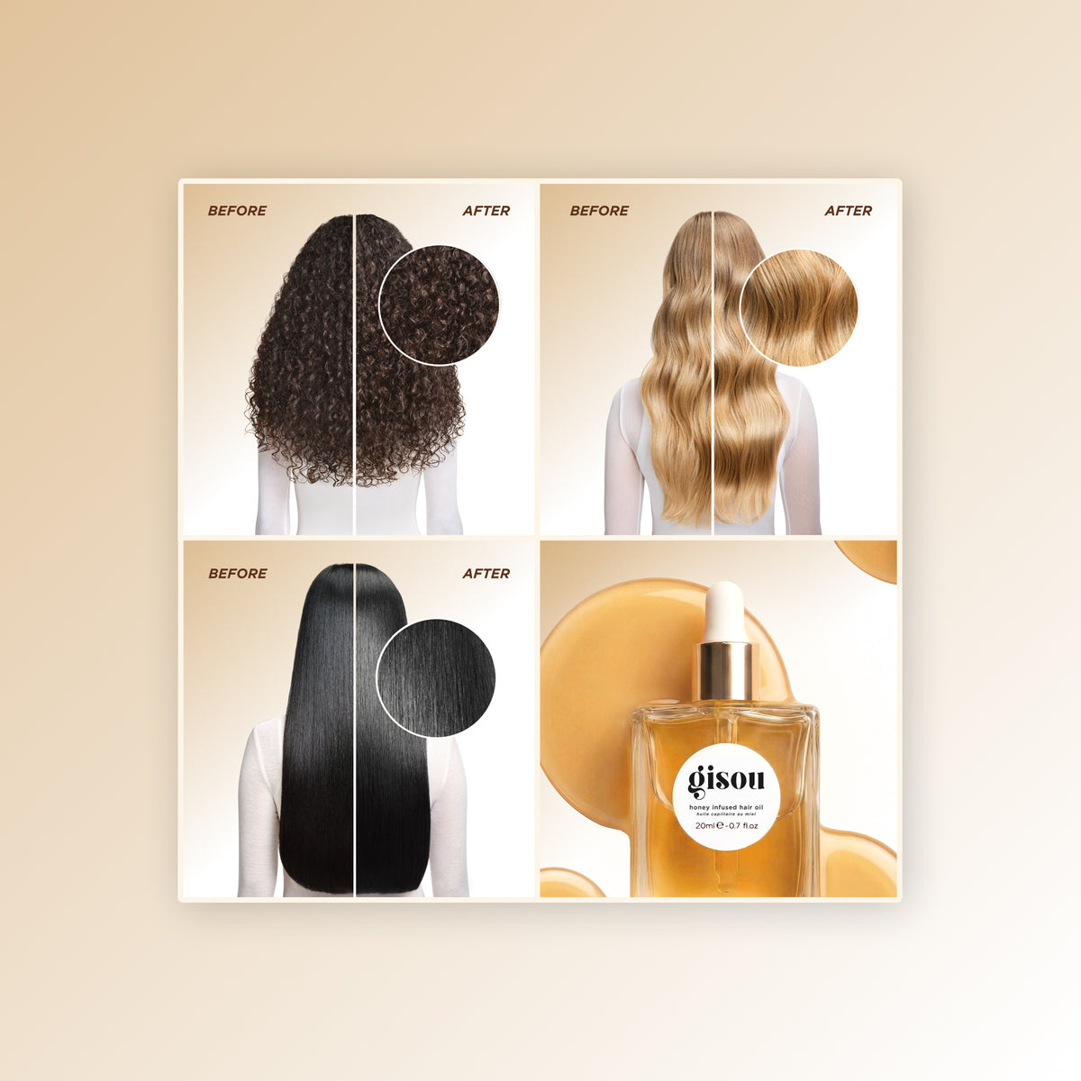 Before/after grid showing coily, wavy, straight, and curly hair looking smoother and shinier, with a hair oil bottle in the corner.