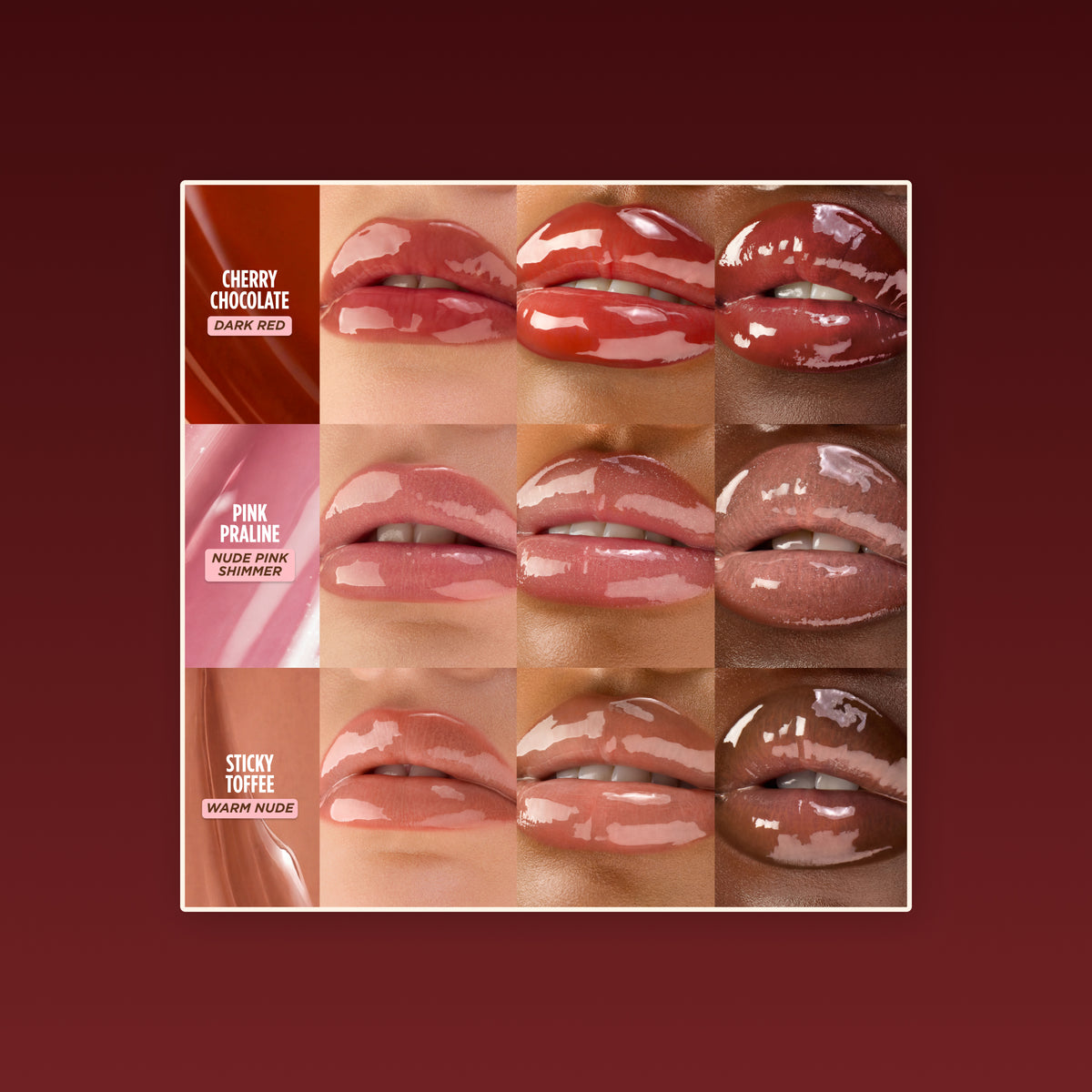 Grid of nine close-up lip swatches showing different glossy shades of the Gisou Cherry Chocolate, Sticky Toffee and Pink Praline  Lip Oils.