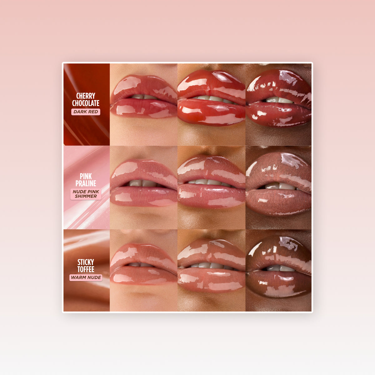 Grid of nine close-up lip swatches showing different glossy shades of the Gisou Cherry Chocolate, Sticky Toffee and Pink Praline  Lip Oils.