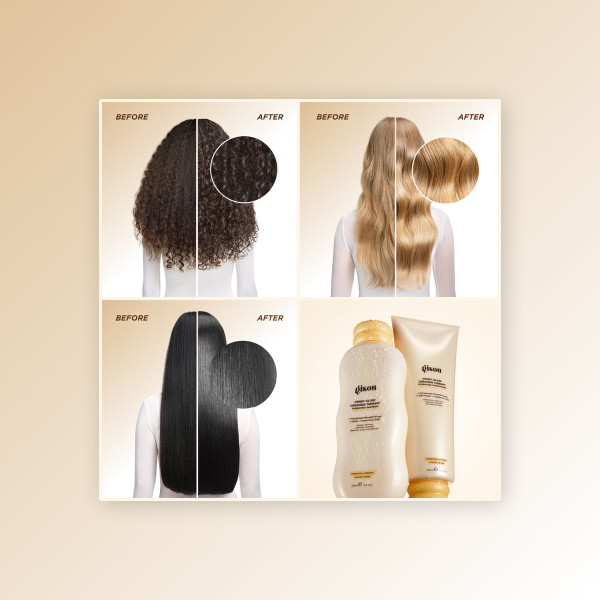 Before/after grid showing coily, wavy, and straight hair looking smoother, plus a shampoo and conditioner product shot.