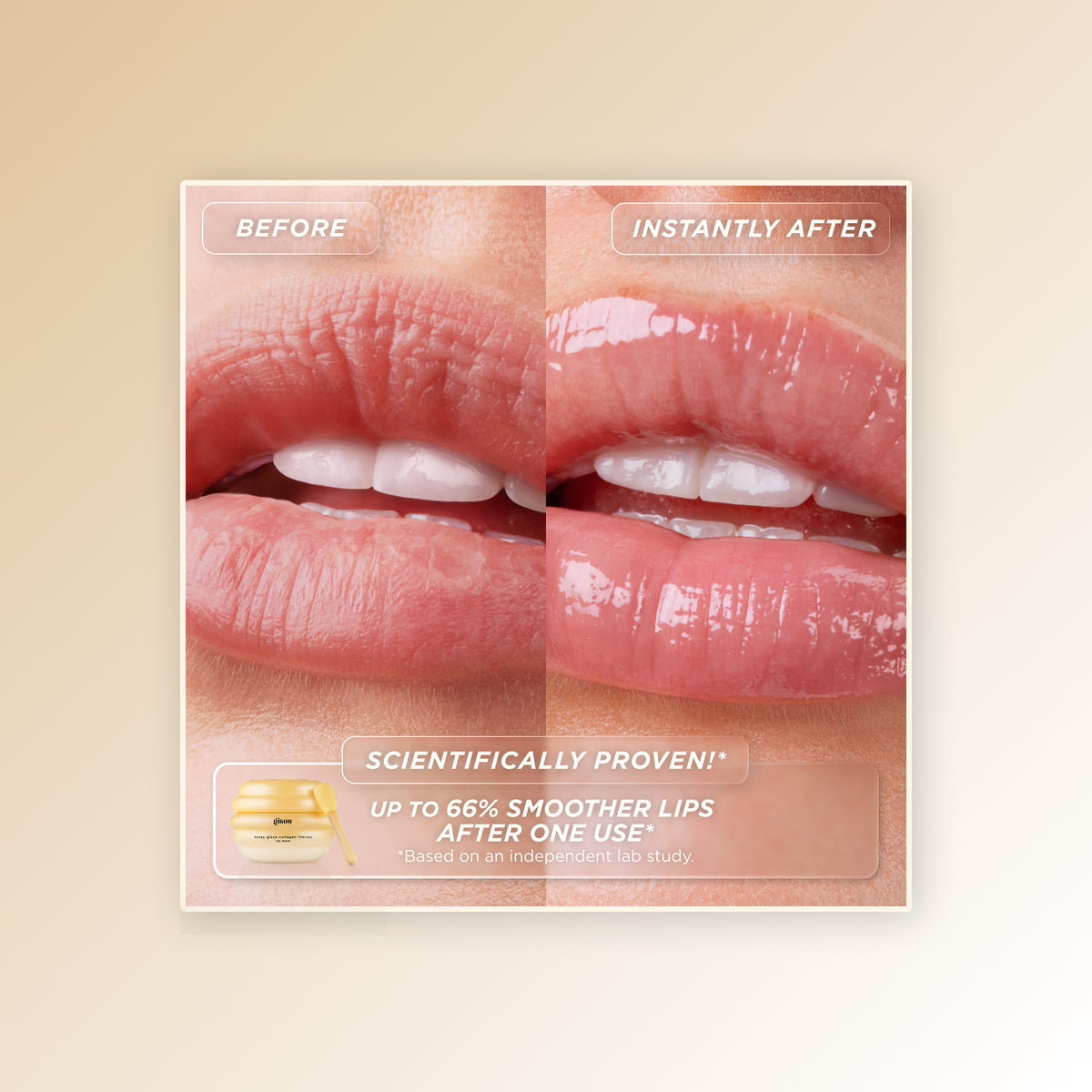 Before and instantly-after photos of lips looking smoother and glossier, labeled up to 66% smoother lips after one use.