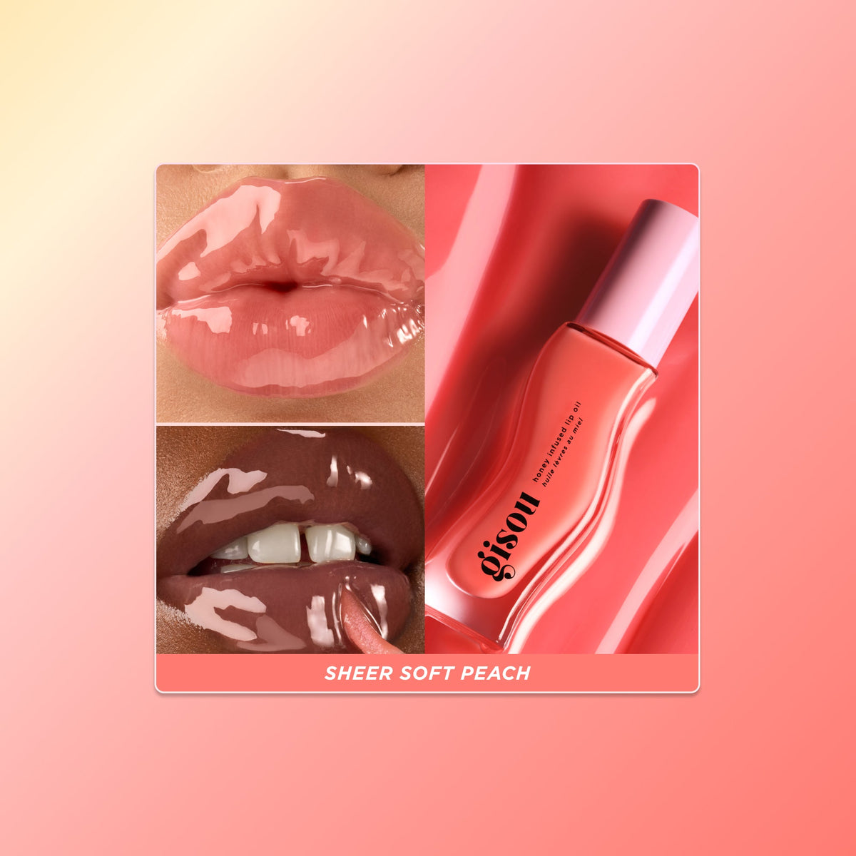 Peach lip oil swatch on two skin tones.
