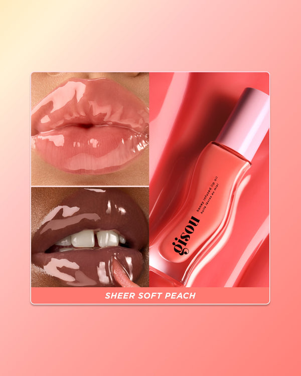 Peach lip oil swatch on two skin tones.