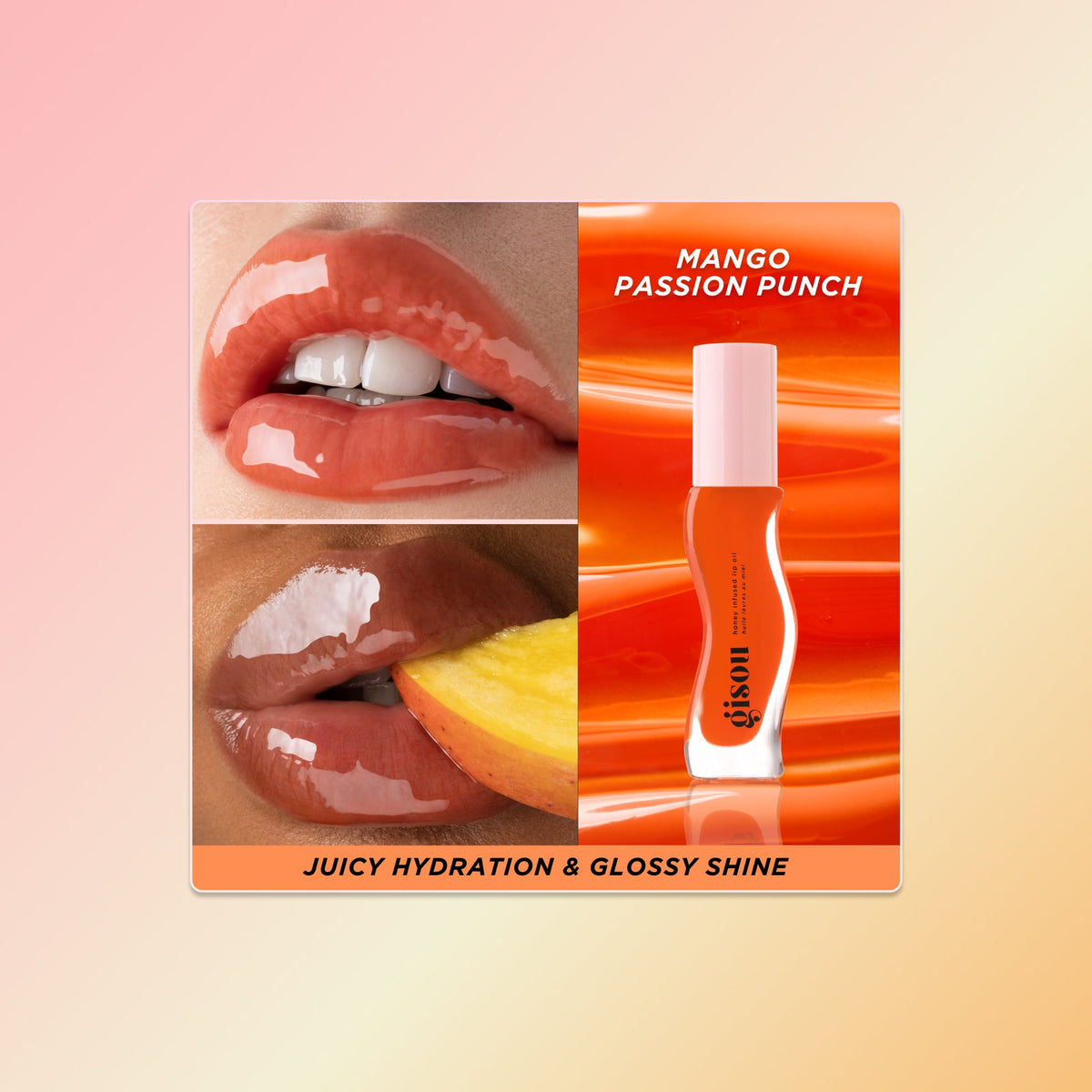 Mango lip oil swatch on two skin tones.