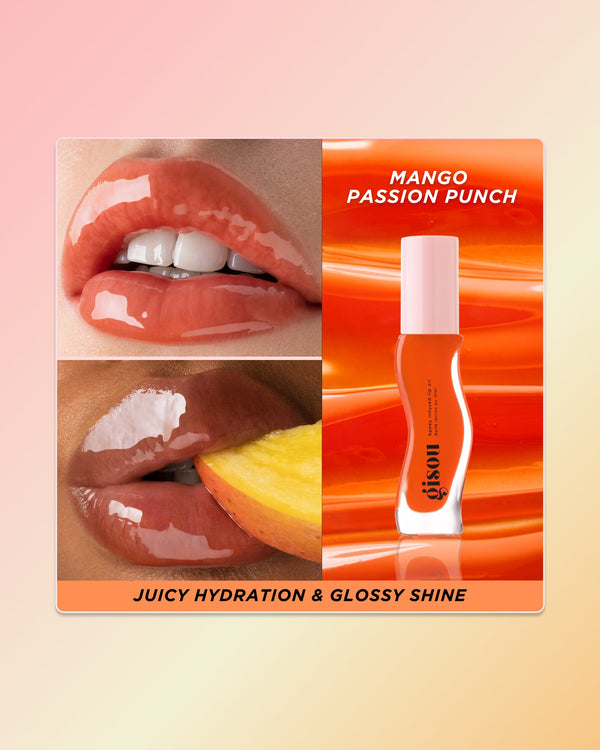 Mango lip oil swatch on two skin tones.